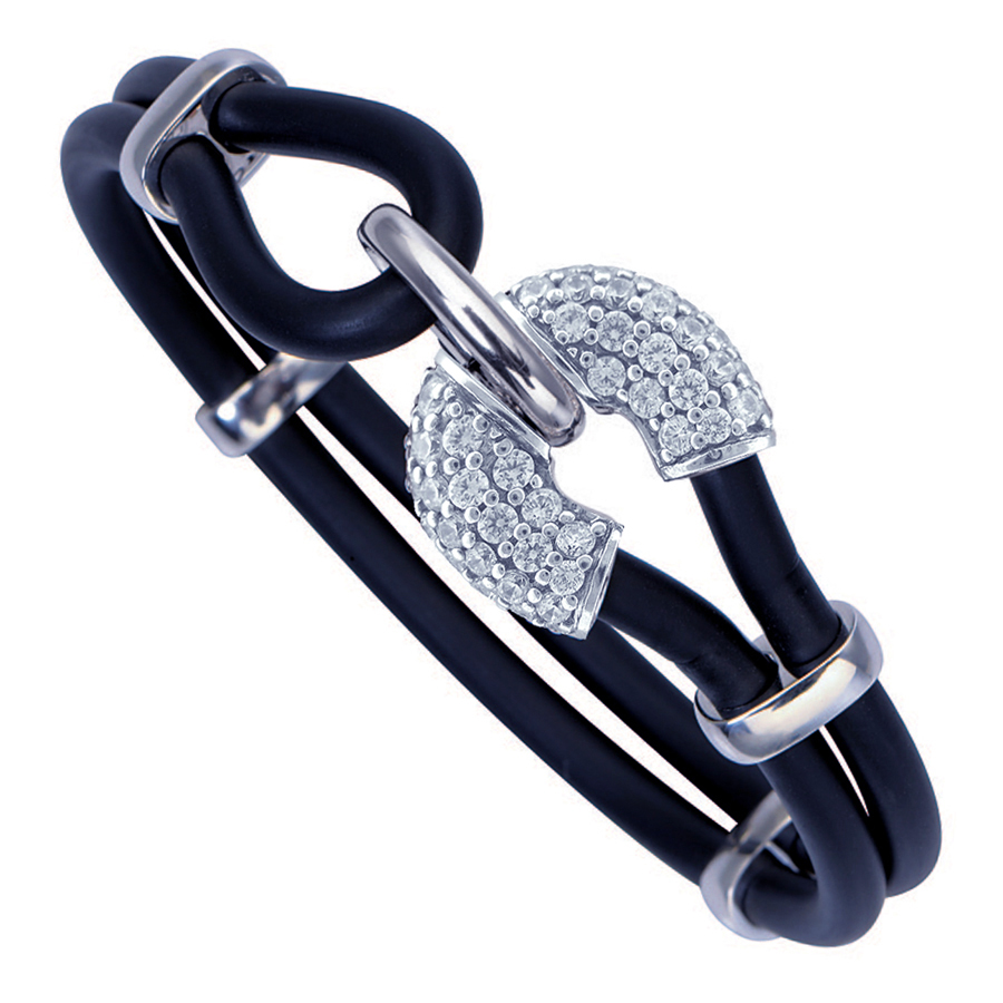 Sterling silver and rubber bracelet with CZ, rhodium plated.