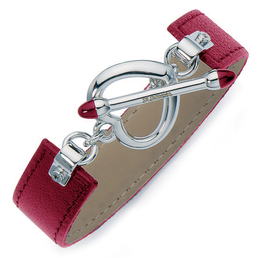 Sterling silver red leatherette bracelet, rhodium plated.