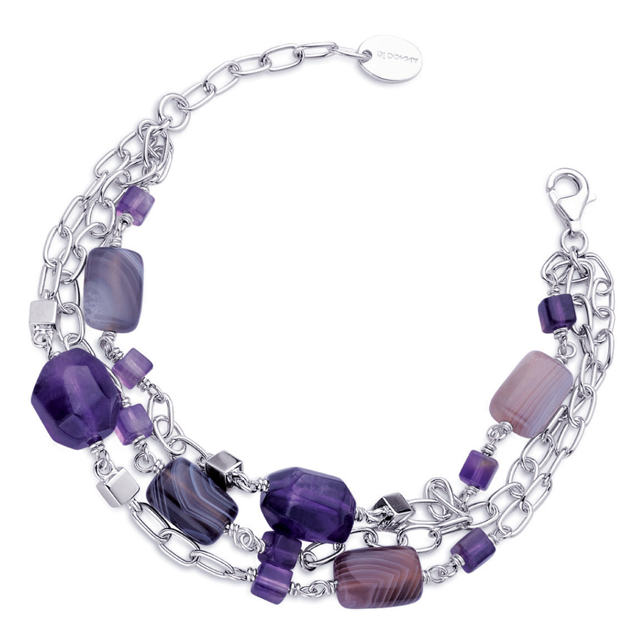 Sterling silver bracelet with Amethyst and gray Agate, rhodium plated.