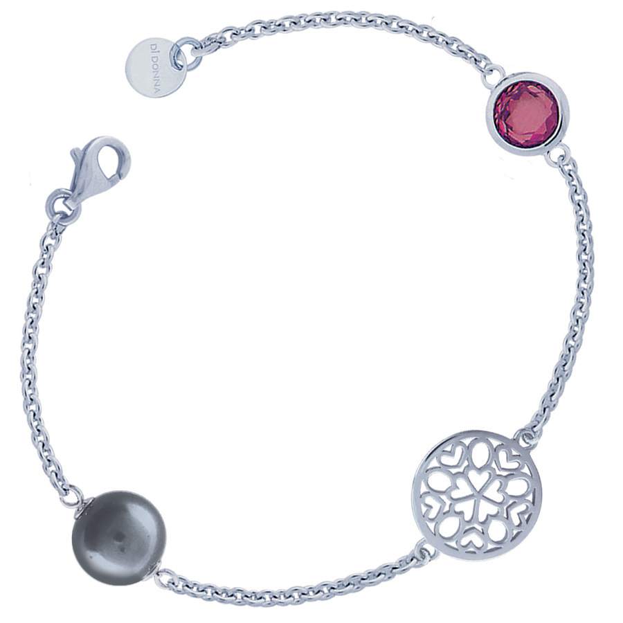 Sterling silver bracelet with Rhodolite quartz and gray pearls, rhodium plated.