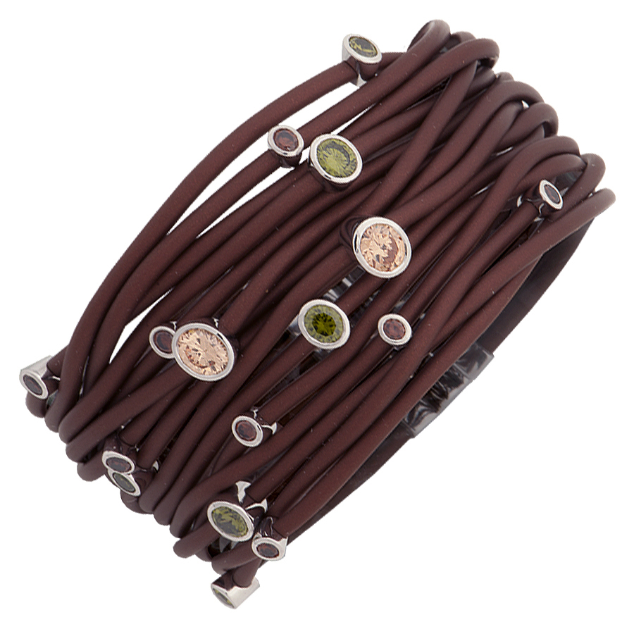 Sterling silver and brown rubber bracelet set with multicolored CZ, rhodium plated.