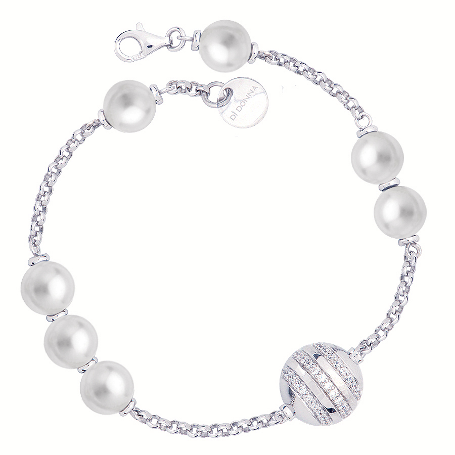 Sterling silver bracelet set with CZ and shell pearls, rhodium plated.