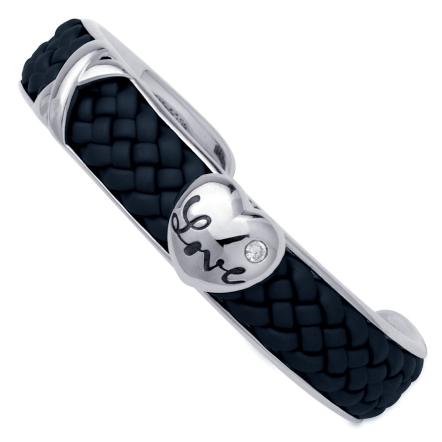 Sterling silver bracelet with black rubber and CZ, rhodium plated.