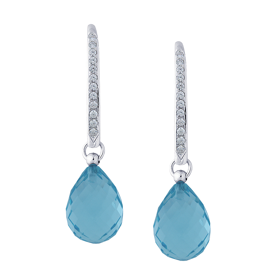 Sterling silver earrings with blue Topaz quartz and CZ, rhodium plated.