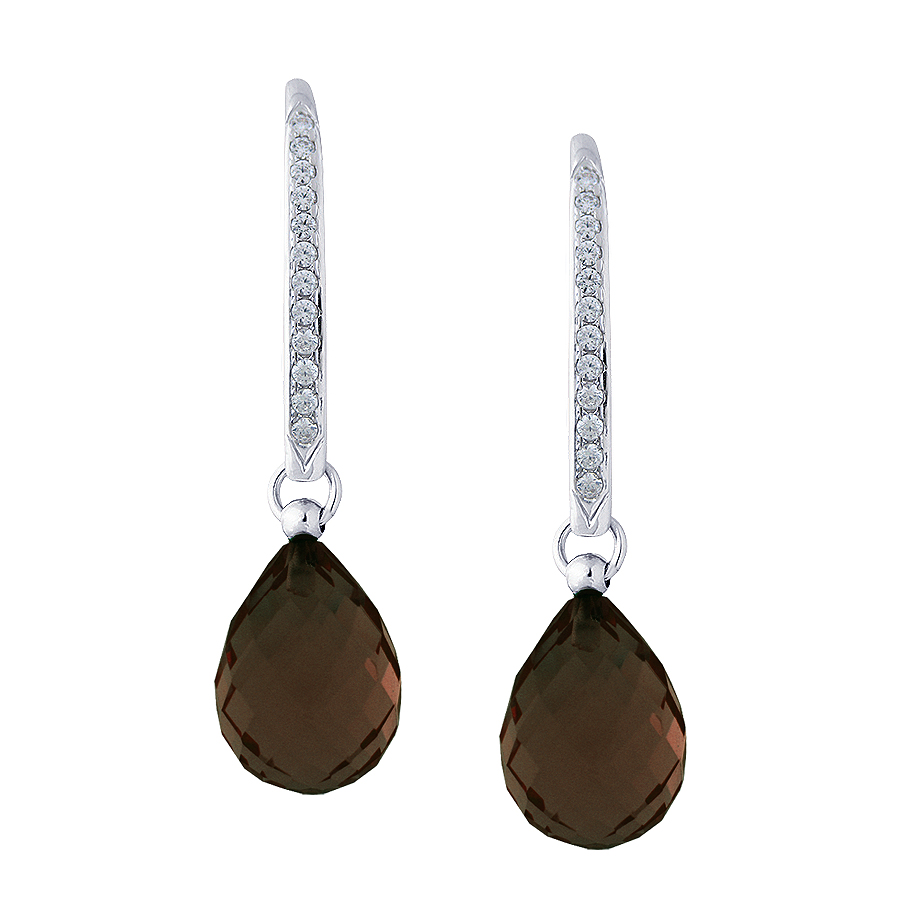 Sterling silver earrings with Smokey Topaz quartz and CZ, rhodium plated.