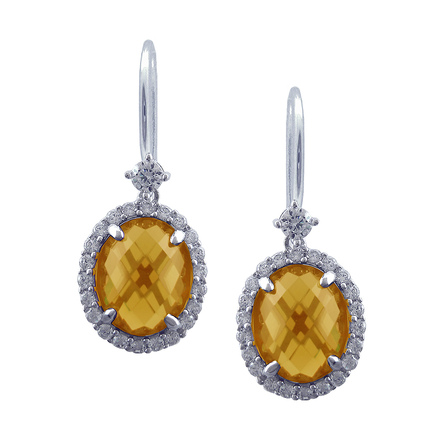 Sterling silver earrings set with CZ and Citrine quartz, rhodium plated.