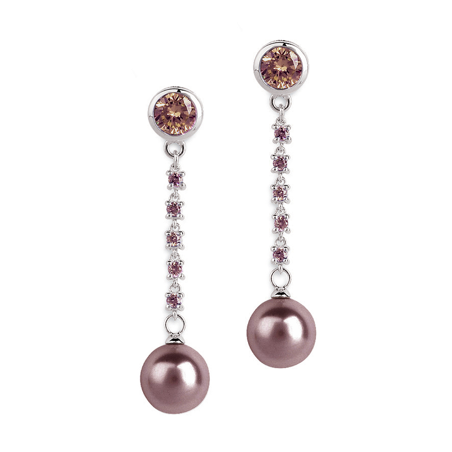 Sterling silver earrings with brown CZ and shell pearl, rhodium plated.
