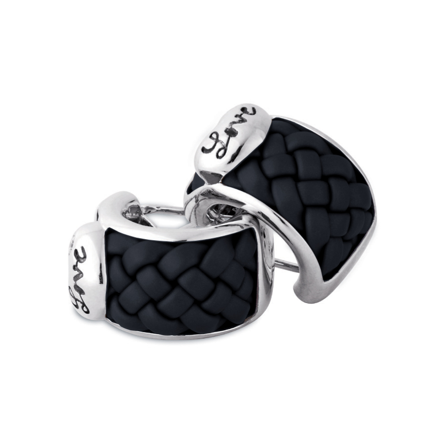Sterling silver and black rubber earrings set with CZ, rhodium plated.