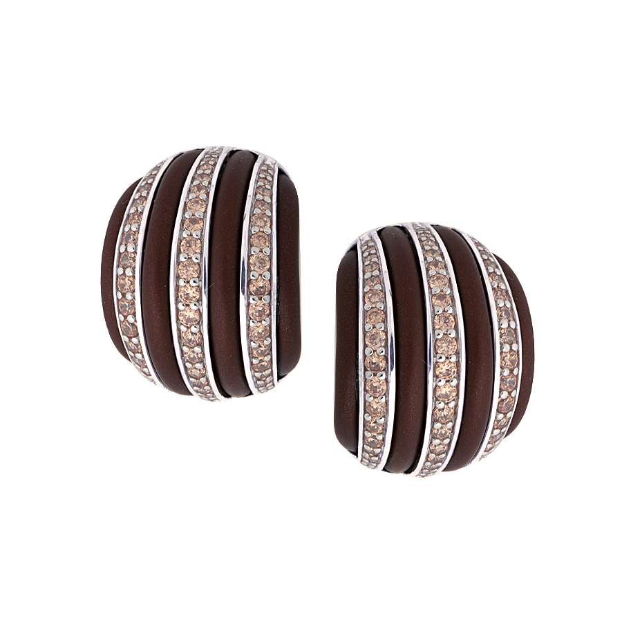 Sterling silver and brown rubber earrings set with Champagne CZ, rhodium plated.