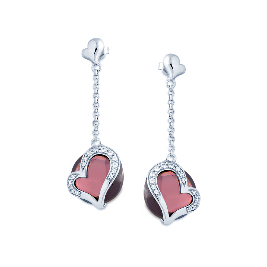 Sterling silver earrings with CZ and Rhodolite quartz, rhodium plated.