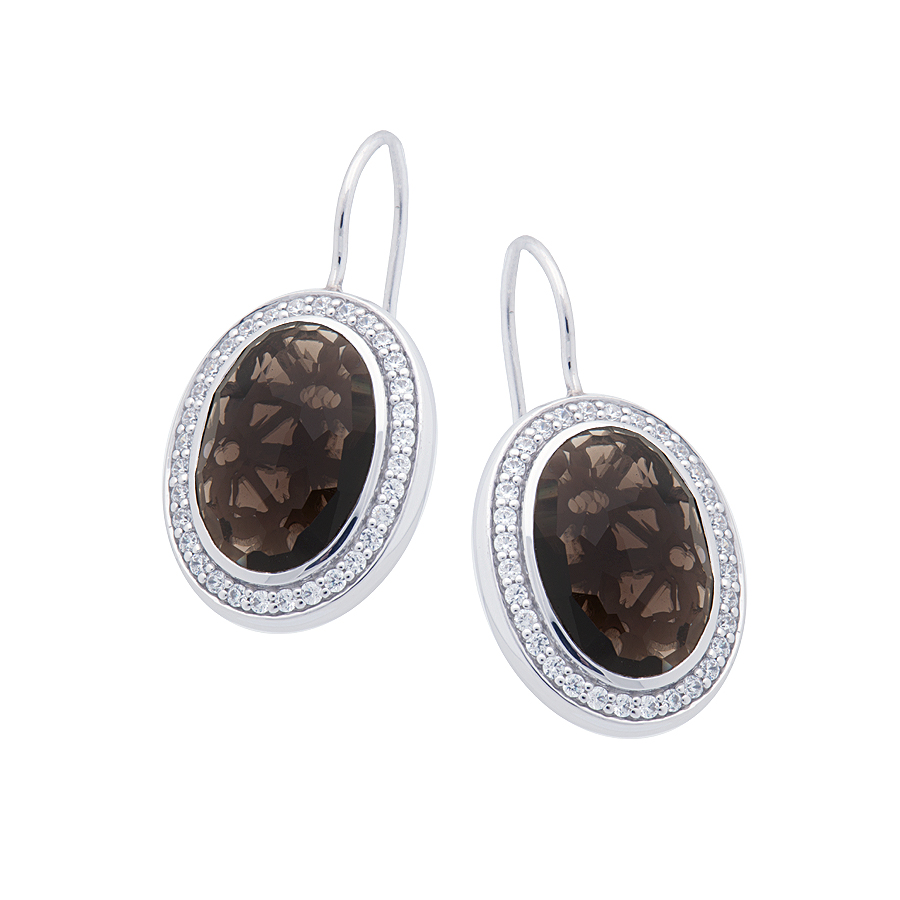 Sterling silver earrings set with Smokey quartz and CZ, rhodium plated.