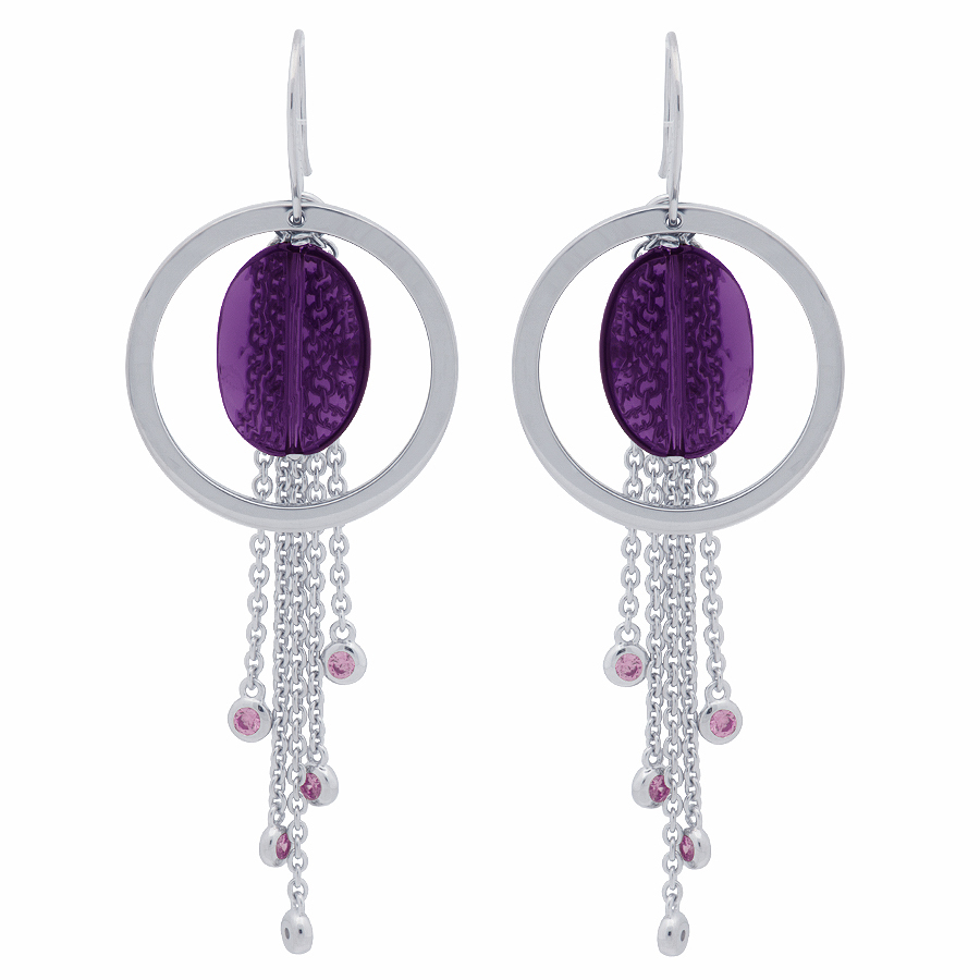 Sterling silver earrings set with Amethyst and pink CZ, rhodium plated.