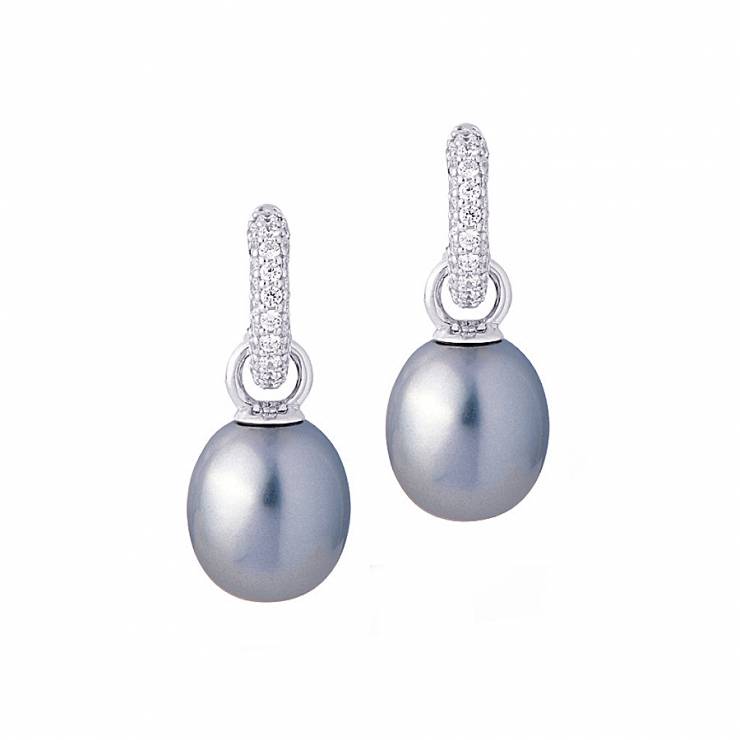 Sterling silver earrings with CZ and gray shell pearls, rhodium plated.