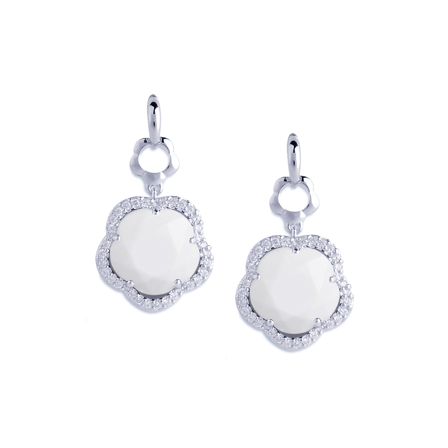 Sterling silver earrings with CZ and white Agate, rhodium plated.