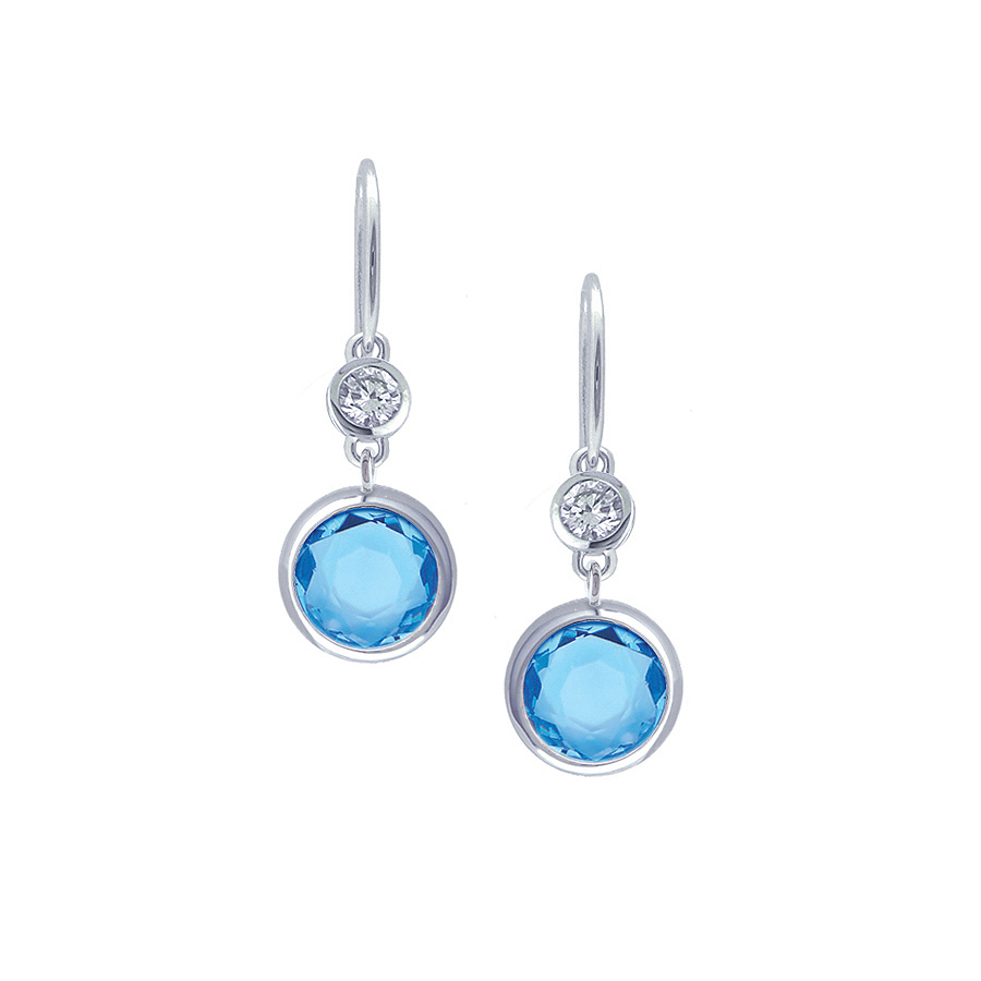 Sterling silver earrings set with CZ and blue Topaz CZ, rhodium plated.