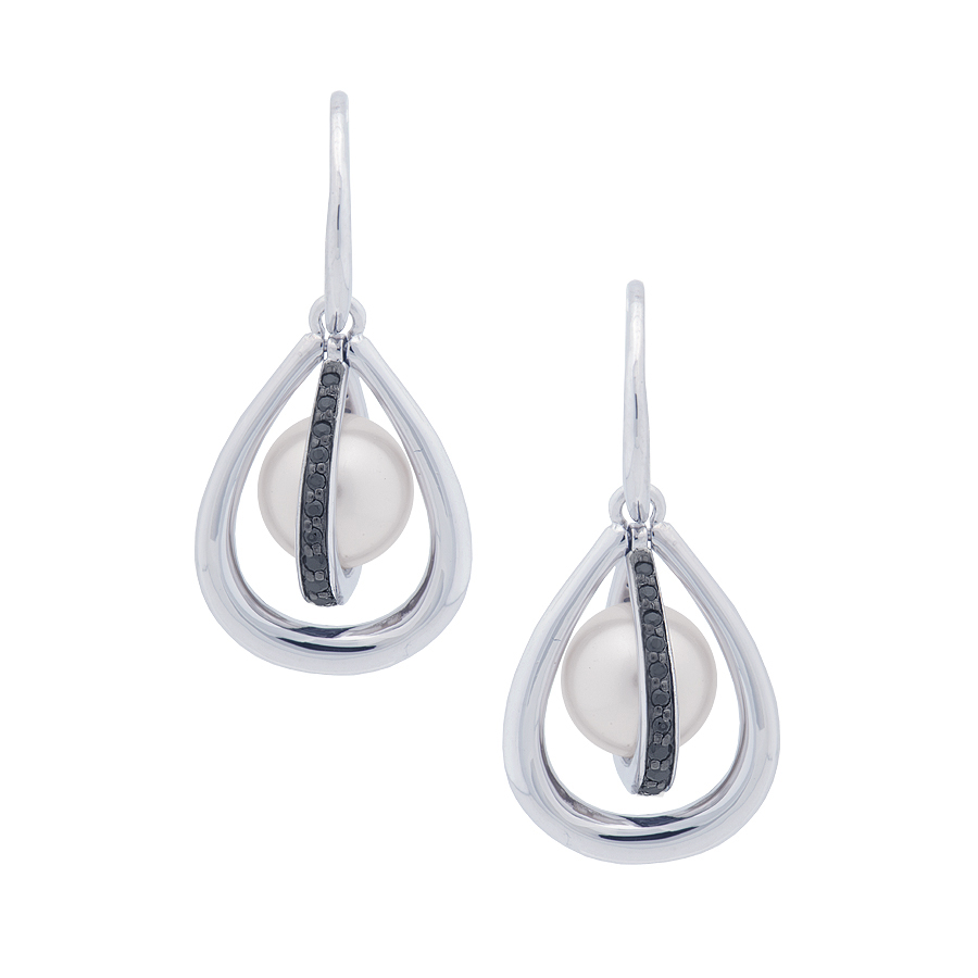 Sterling silver earrings set with black CZ and white shell pearls, rhodium plated.