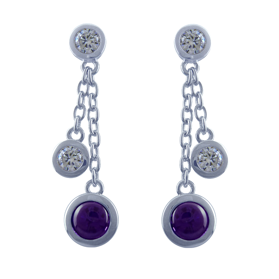 Sterling silver earrings set Amethyst quartz with CZ, rhodium plated.