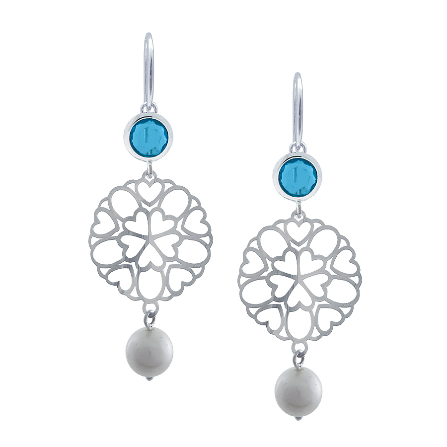 Sterling silver earrings set with blue quartz and CZ, rhodium plated.