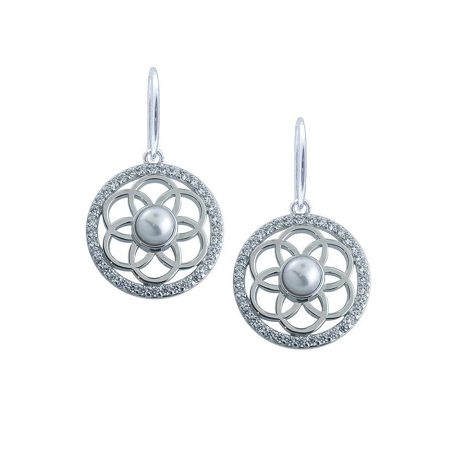 Sterling silver earrings set with CZ and shell pearl, rhodium plated.