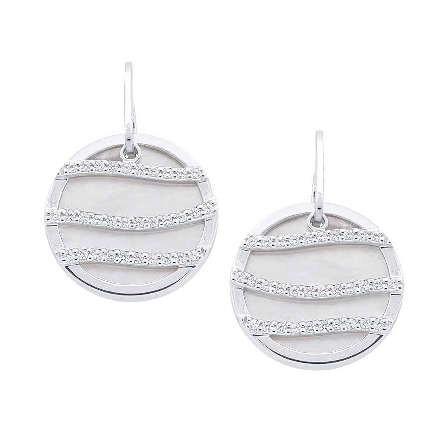 Sterling silver earrings with mother of pearl and CZ, rhodium plated.