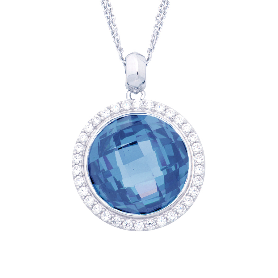 Sterling silver necklace set with Blue Topaz quartz and CZ, rhodium plated.