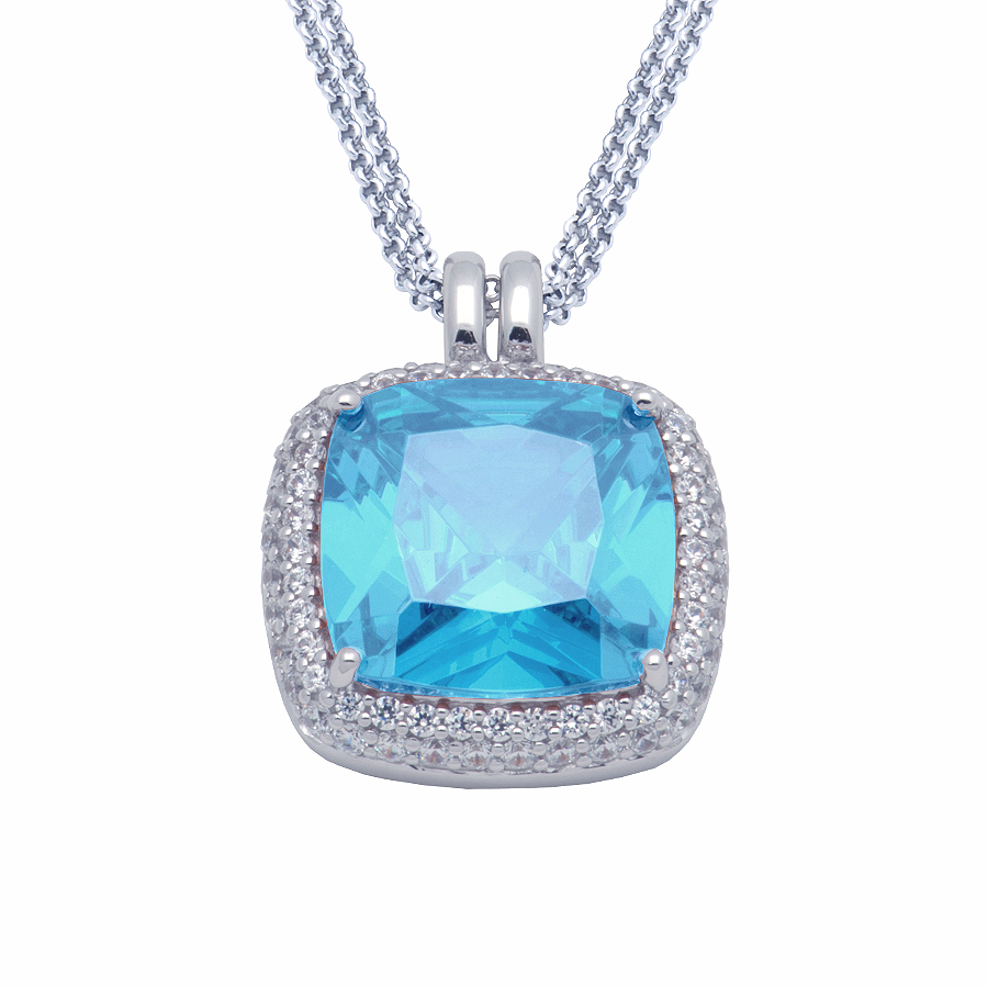 Sterling silver necklace set with blue Topaz quartz and CZ, rhodium plated.