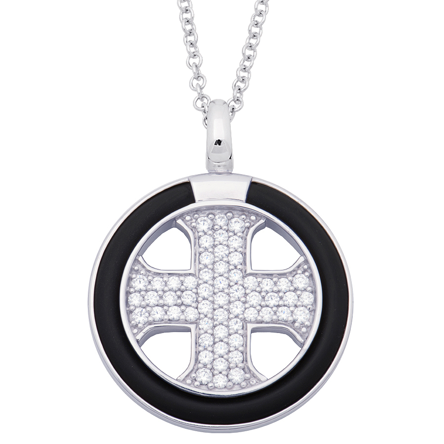 Sterling silver and black rubber necklace set with CZ, rhodium plated.
