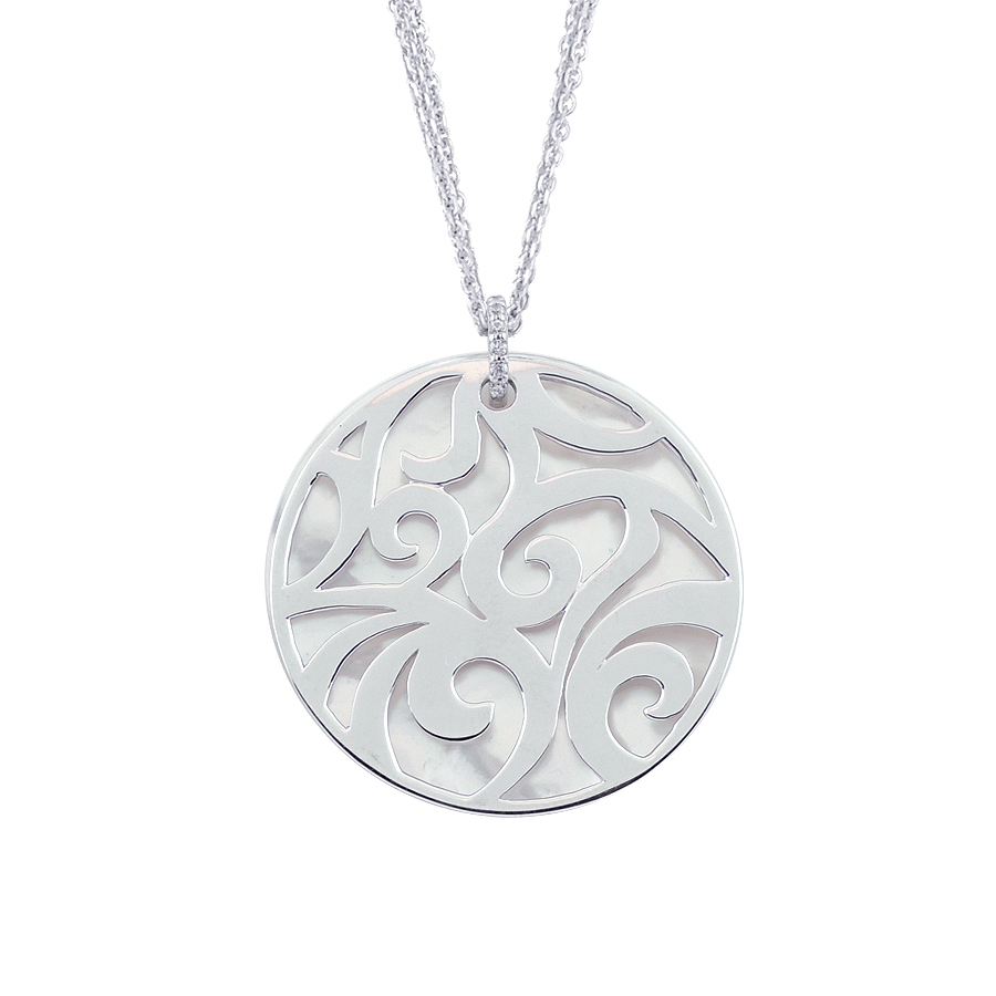 Sterling silver pendant set with mother of pearl and CZ, rhodium plated, (Chain 24" or 60cm).