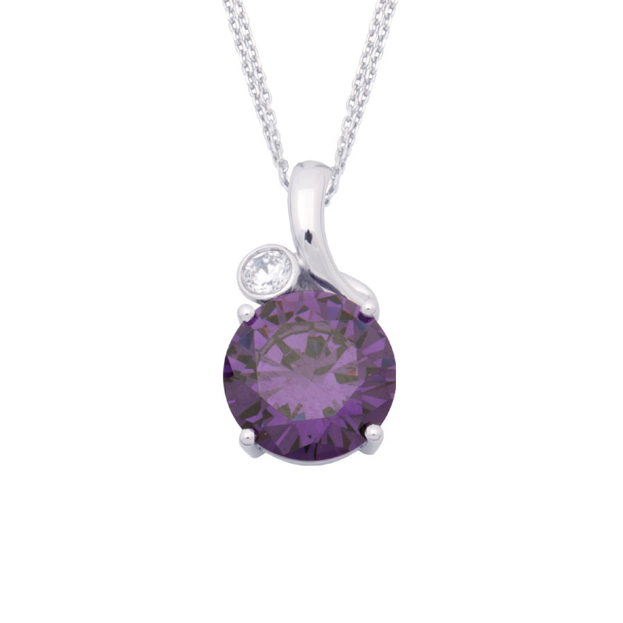 Sterling silver necklace set with Amethyst quartz and CZ, rhodium plated.