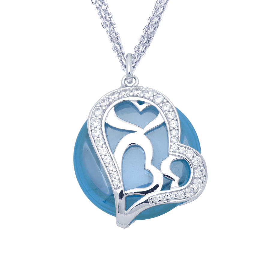 Sterling silver pendant with Blue Topaz quartz and CZ, rhodium plated. (Chain 18" or 45cm).