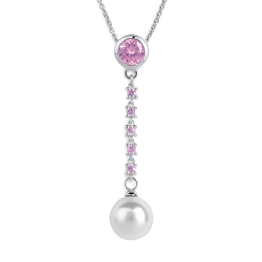 Sterling silver pendant with pink CZ and shell pearl, rhodium plated.