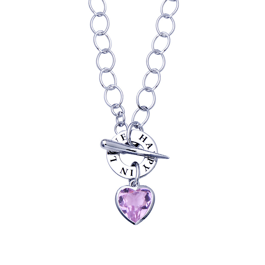 Sterling silver necklace with pink quartz, rhodium plated.