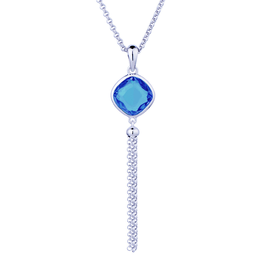 Sterling silver pendant with blue quartz, rhodium plated. (Chain 18" or 45cm)