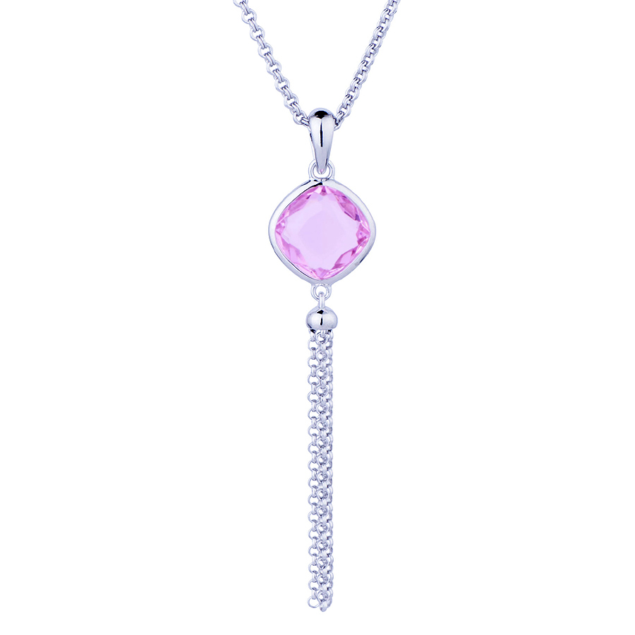 Sterling silver pendant with pink quartz, rhodium plated. (Chain 18" or 45cm)