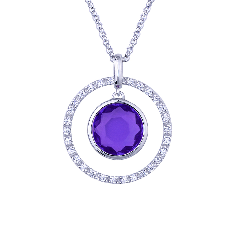 Sterling silver pendant with CZ and purple quartz, rhodium plated. (Chain 18" or 45cm)