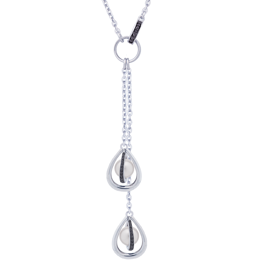Sterling silver necklace set with black CZ and white shell pearls, rhodium plated.