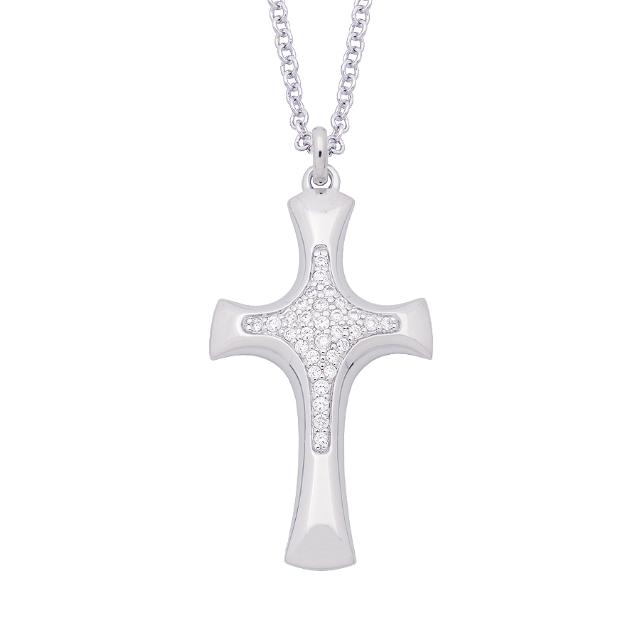 Sterling silver cross set with CZ, rhodium plated.