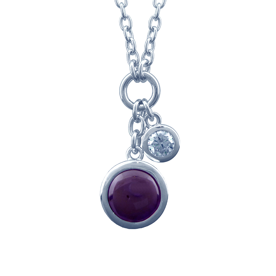 Sterling silver pendant set with Amethyst quartz and CZ, rhodium plated.