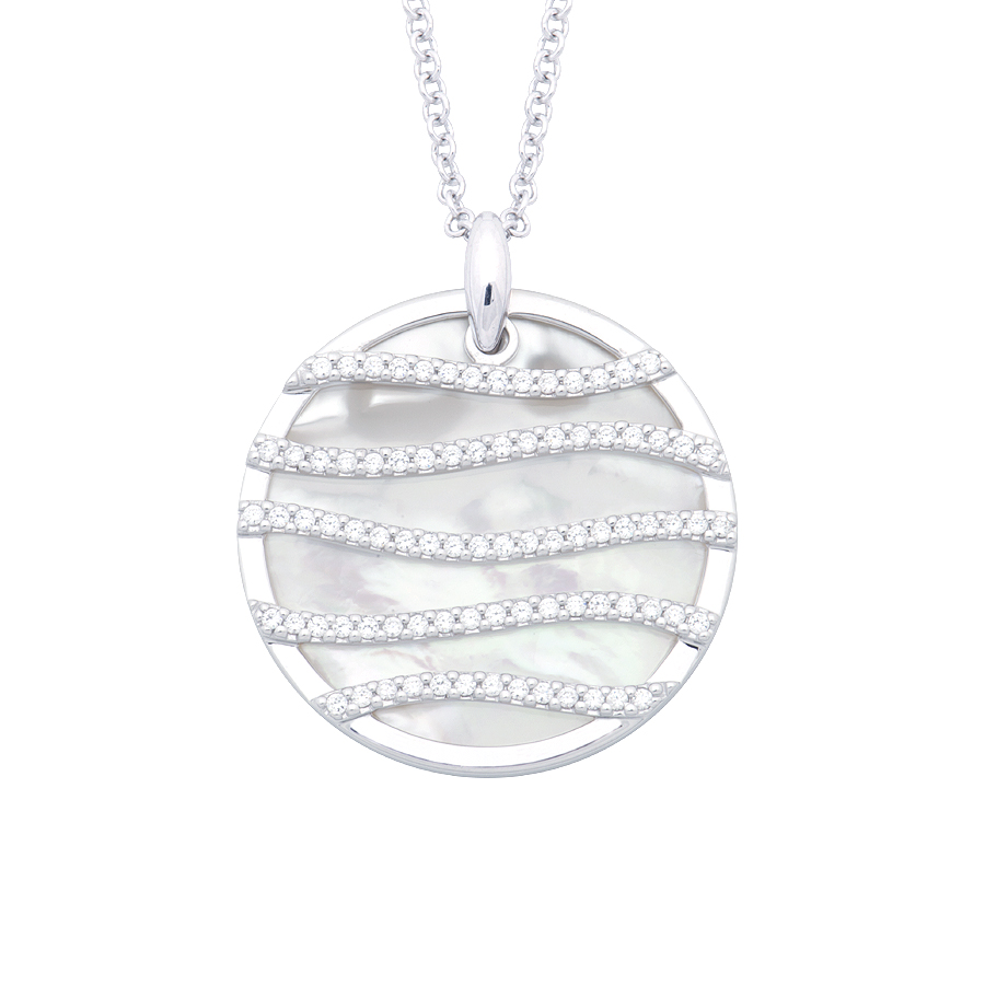 Sterling silver pendant with mother of pearl and CZ, rhodium plated, (Chain 24" or 60cm).