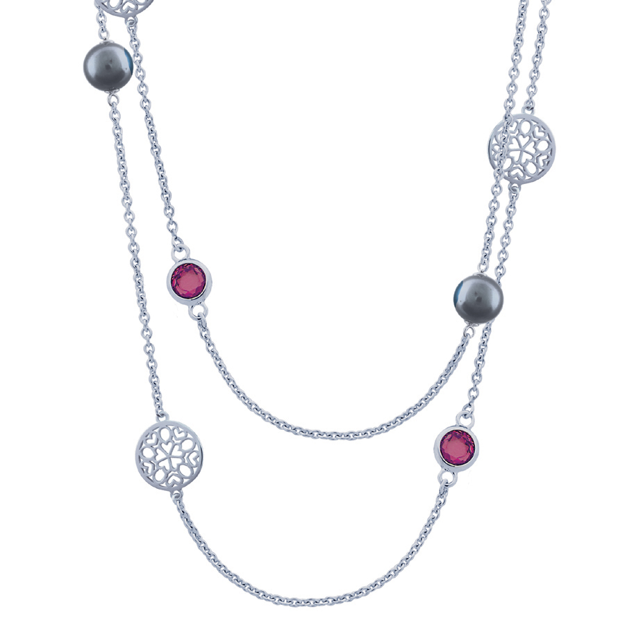 Sterling silver necklace set with Rhodolite quartz and gray pearls, rhodium plated, (80cm).