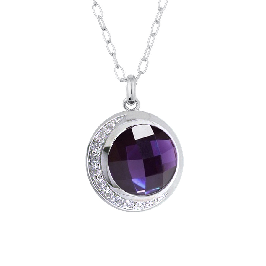 Sterling silver pendant set with Amethyst quartz and CZ, rhodium plated.