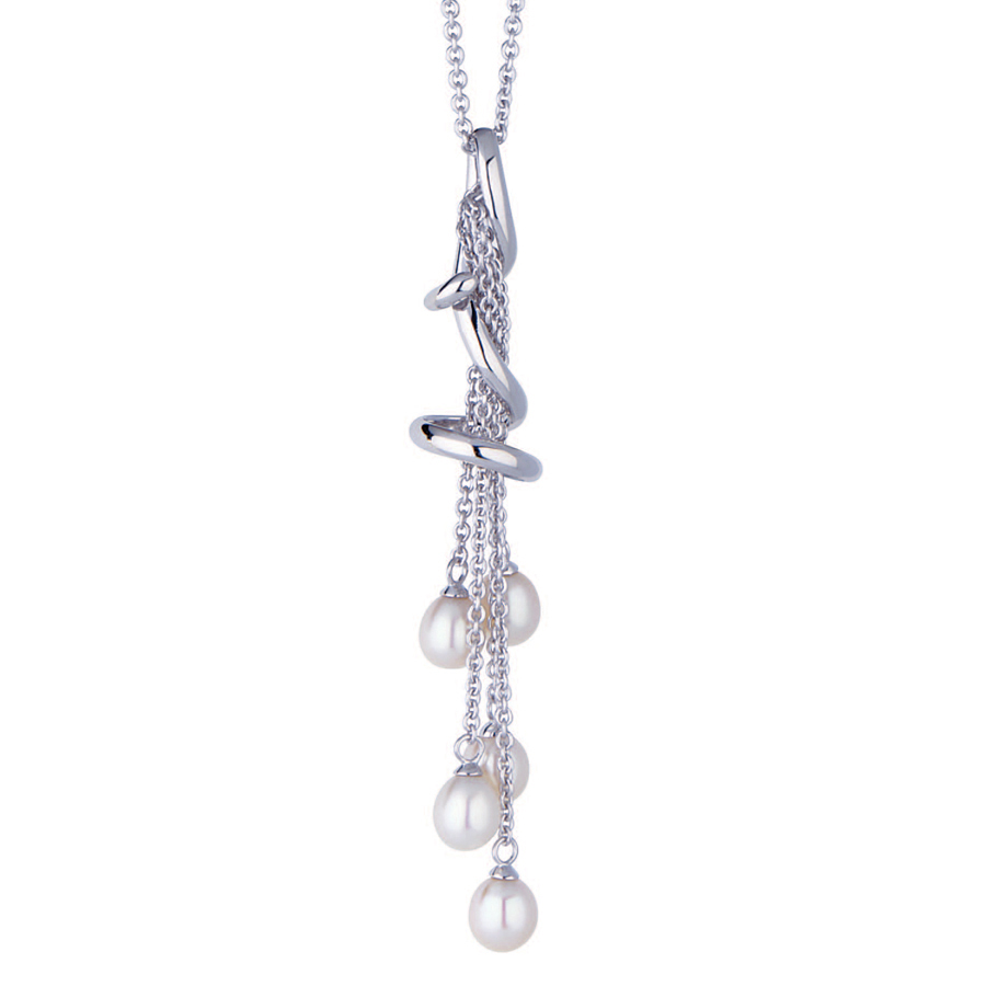 Sterling silver necklace with white shell pearls, rhodium plated. (Chain 18" or 45cm)