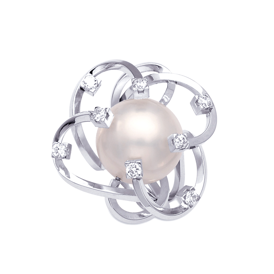 Sterling silver ring  with CZ, white shell pearl, rhodium plated.