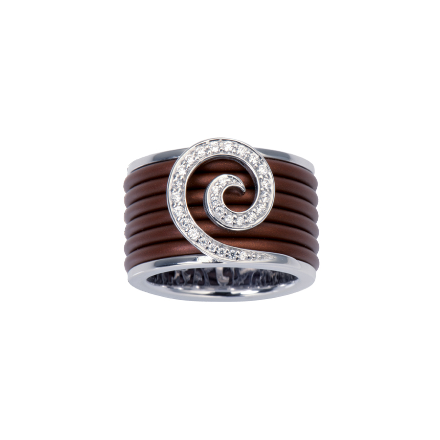 Sterling silver ring with brown rubber and CZ, rhodium plated.