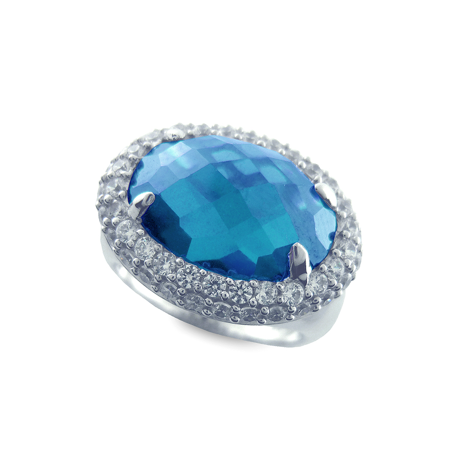 Sterling silver ring set with CZ and blue Topaz quartz, rhodium plated.