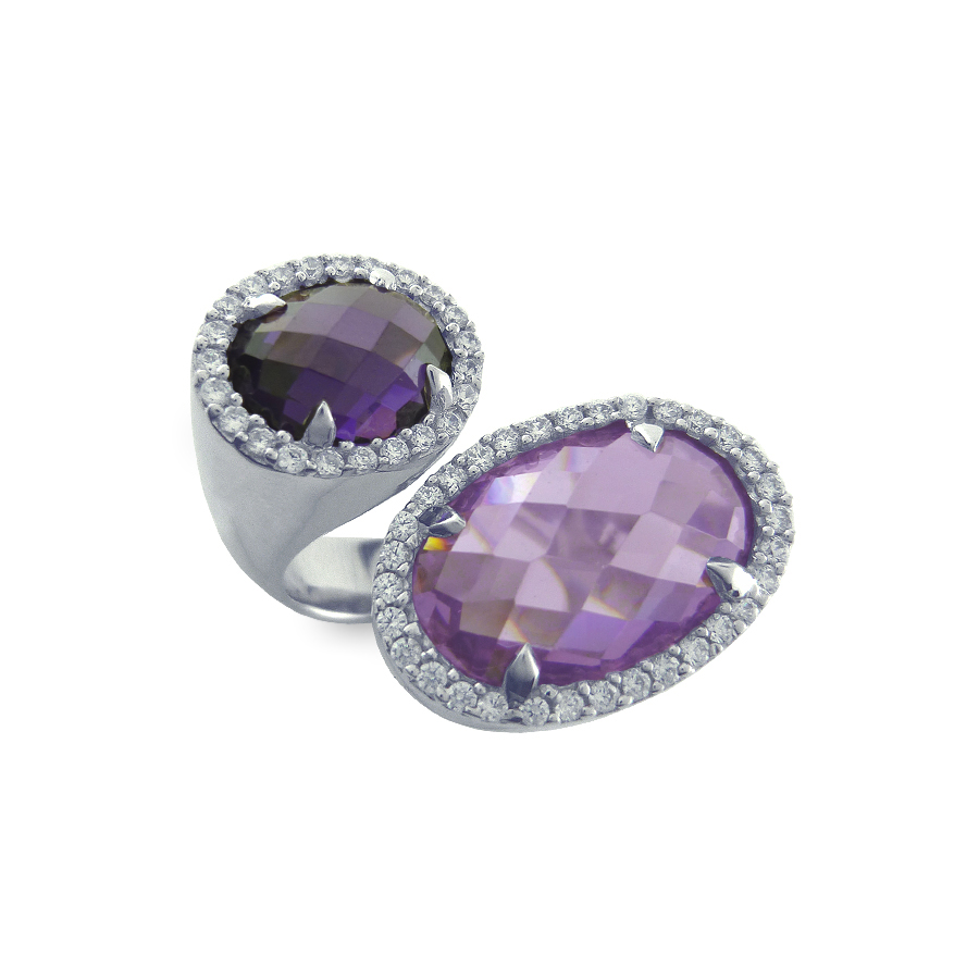 Sterling silver ring set with CZ and Amethyst CZ, rhodium plated.