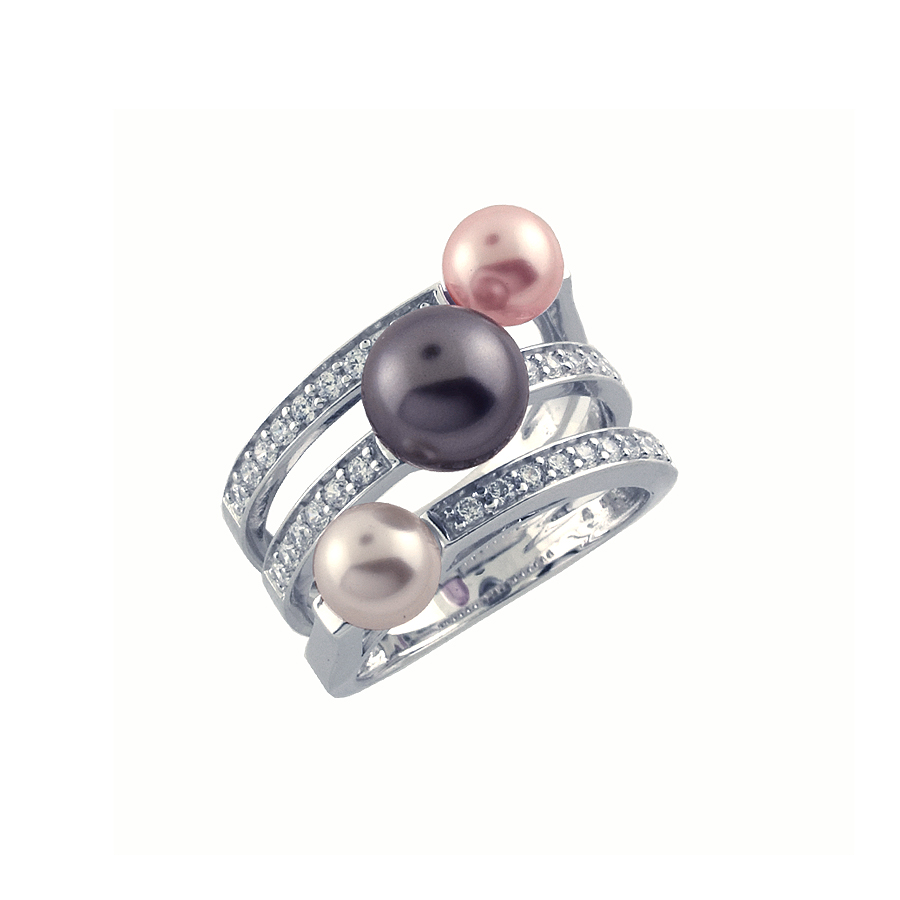 Sterling silver ring set with CZ and Swarovski pearls, rhodium plated,
