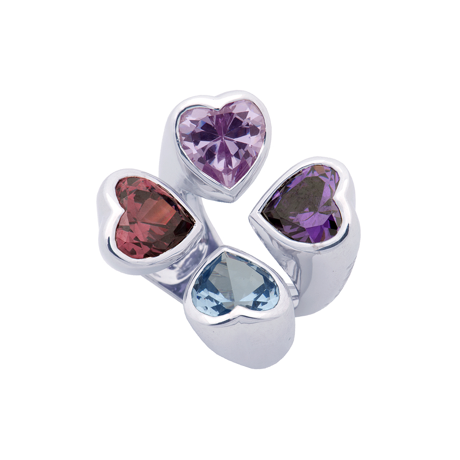 Sterling silver ring set with multicolor CZ, rhodium plated.
