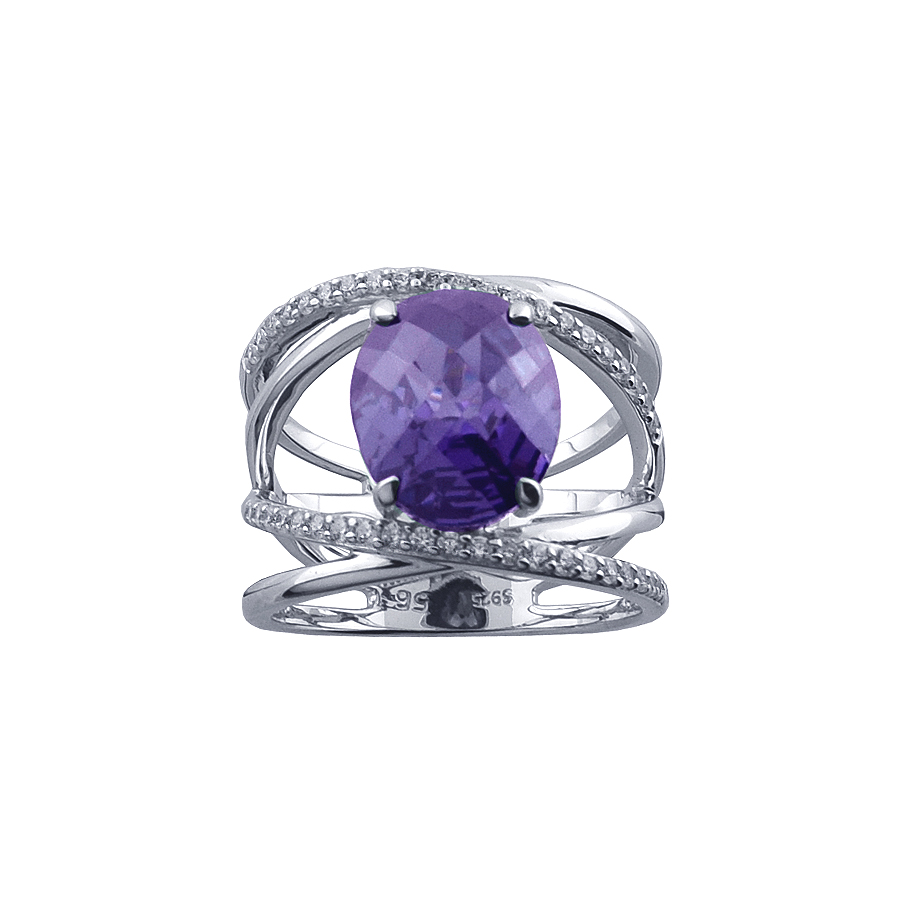 Sterling silver ring set with CZ and Amethyst quartz, rhodium plated.