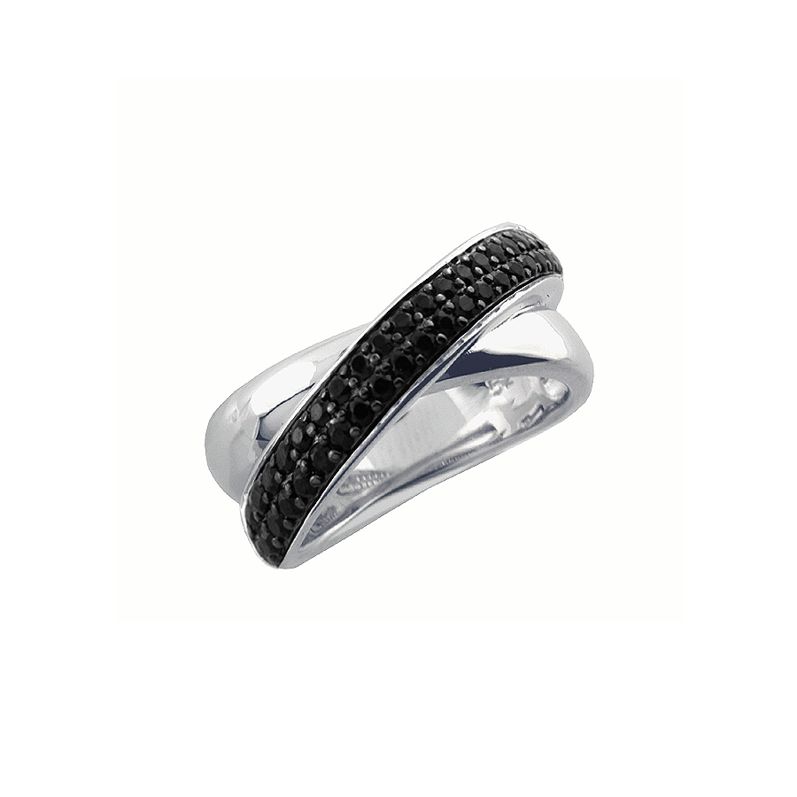 Sterling silver ring set with black CZ, rhodium plated.